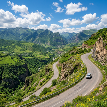Winding road through green mountainous landscape with a car